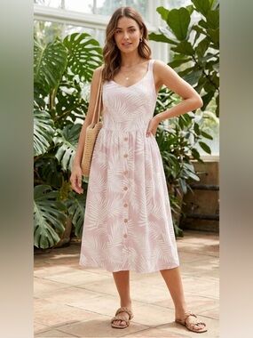 NWT Cleo Resort Linen Blend Palm Print Midi Dress Mauve Pink Large